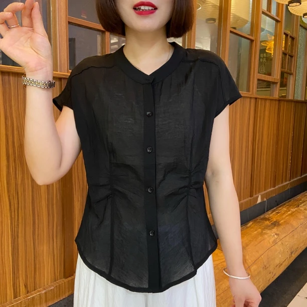短袖纽扣夏季纯色常规圆领衬衫衬衣时尚显瘦宽松收腰