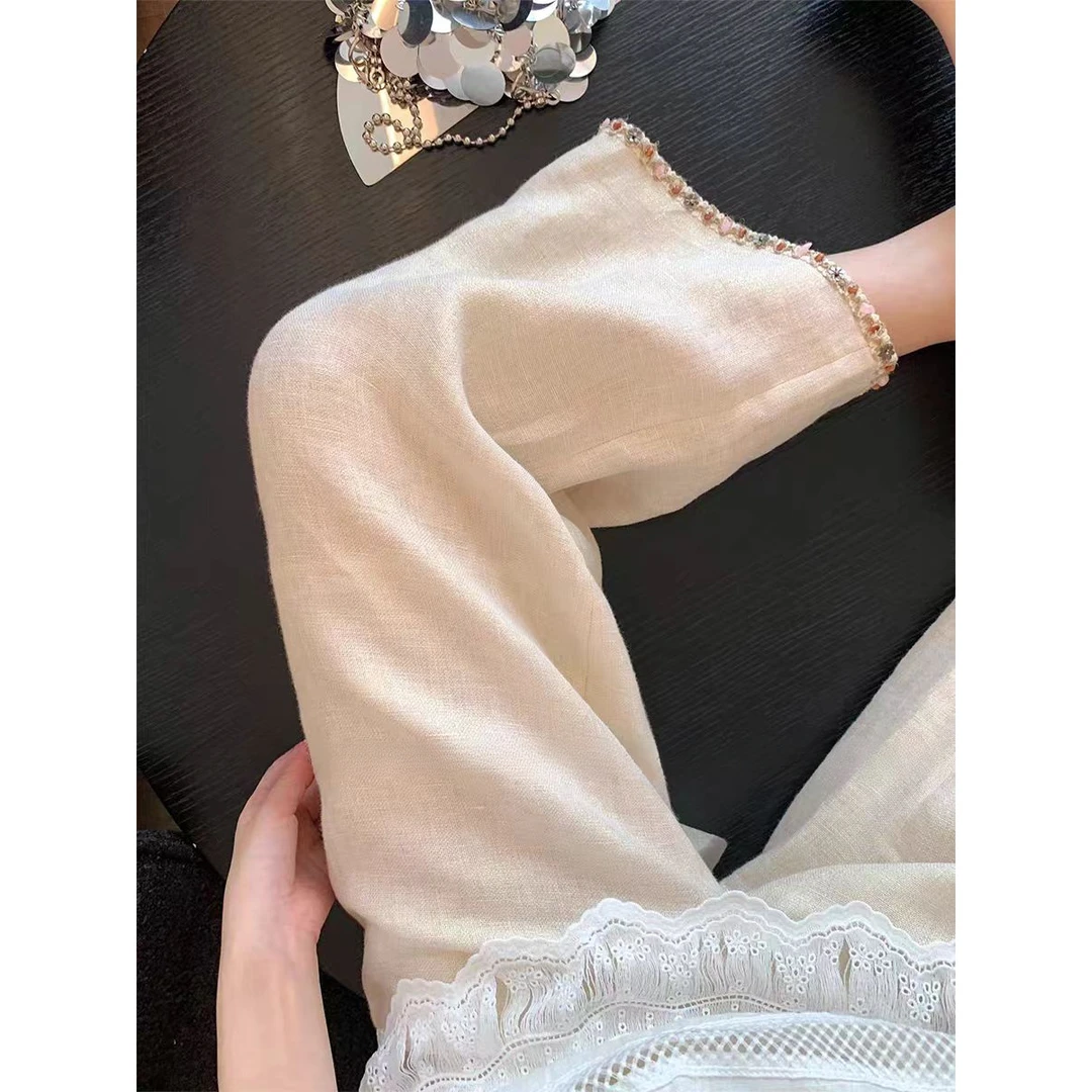 新中式钉珠拼接珠光阔腿裤女2025夏季新款休闲显瘦直筒九分裤子韩