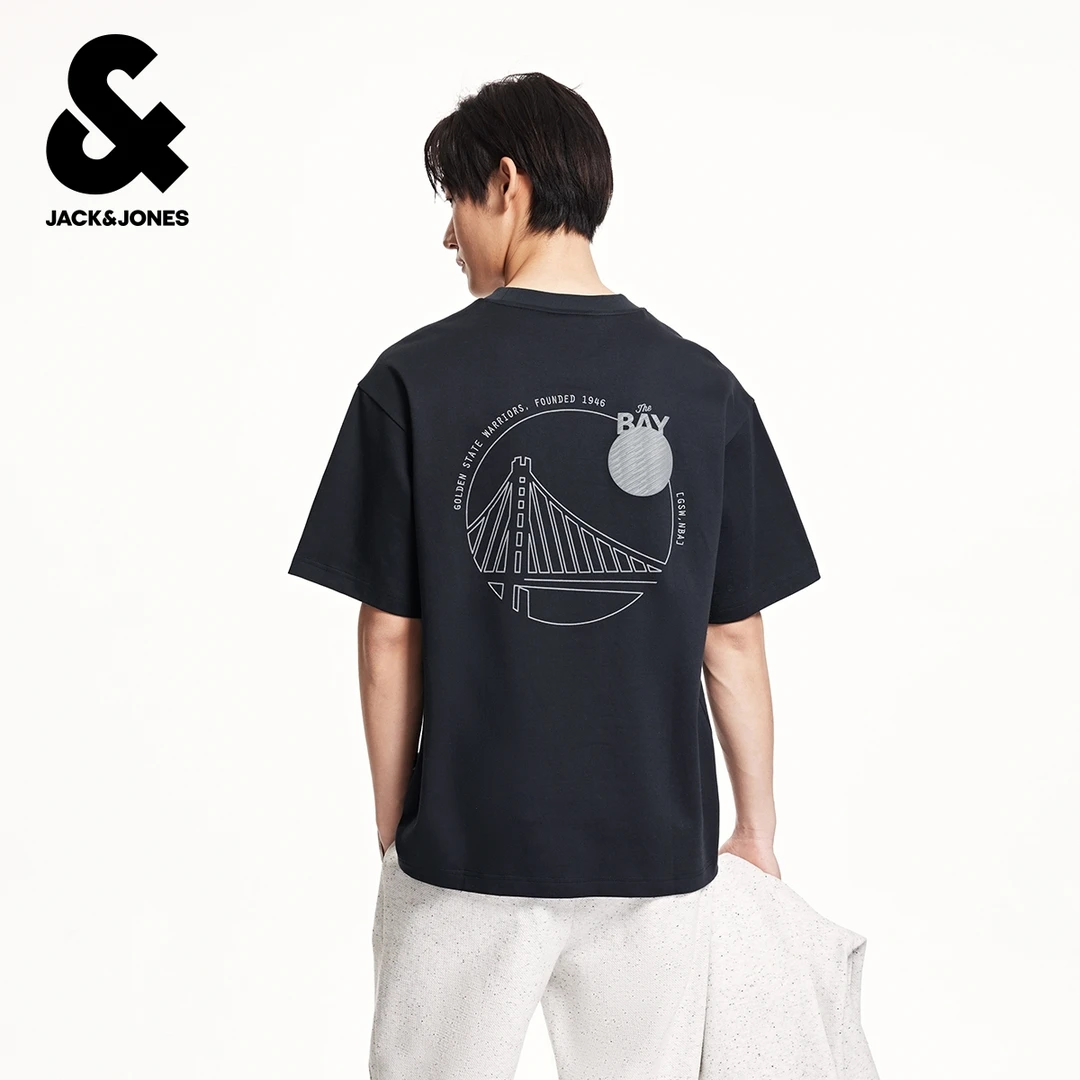 杰克琼斯NBA联名款夏季新款金州勇士队印花纯棉宽松短袖T恤男装