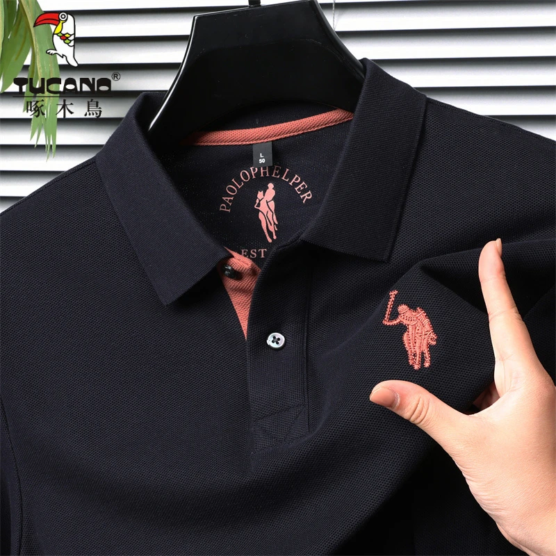 啄木鸟100%纯棉高级感刺绣男翻领修身秋袖polo衫亲肤透气百搭T恤