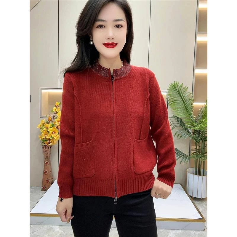 纯色双兜银边圆领针织开衫宽松显瘦妈妈毛衣休闲百搭中老年女装