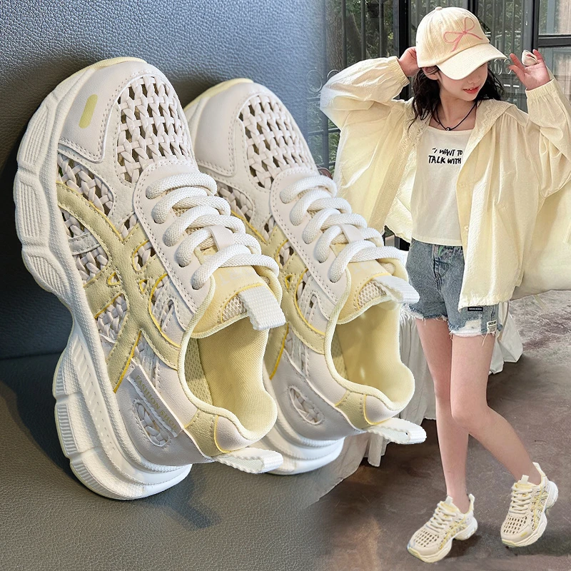 女童运动鞋2025夏季新款镂空透气小白鞋中大童老爹鞋夏款儿童鞋子