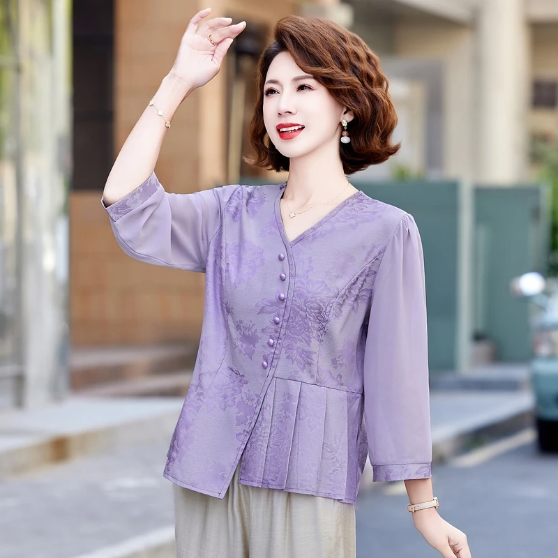 母亲节夏装国风雪纺小衫2025新款洋气衬衫中老年妈妈装两件套衣服