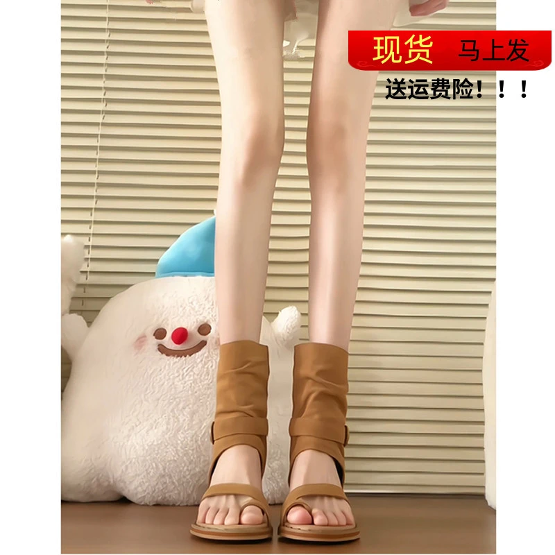 正品超火复古夹趾凉靴女夏季短靴内增高罗马波西米亚坡跟凉鞋高筒