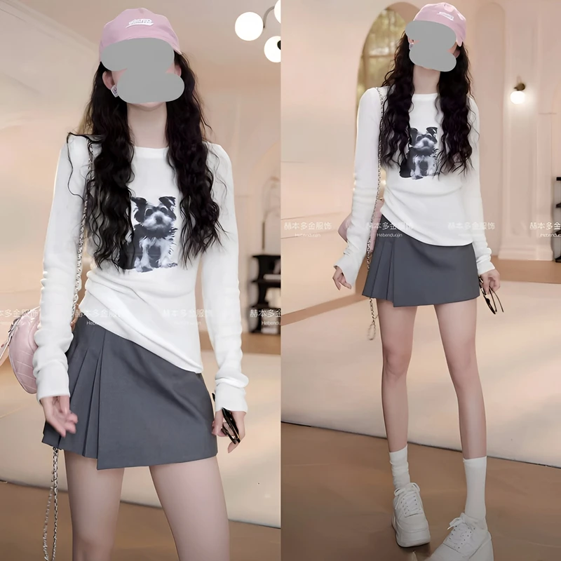 2025春季时尚卡通小狗图案显瘦长袖打底衫T恤上衣百搭短裙裤套装