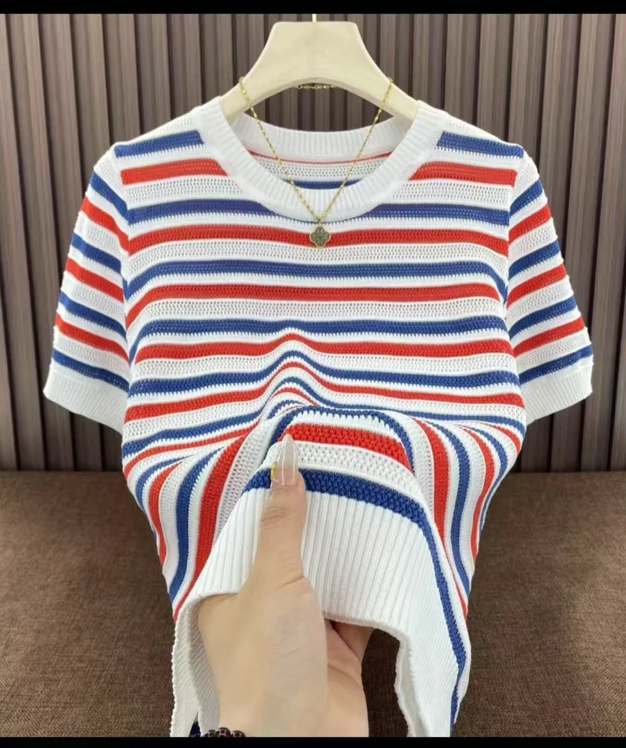 莱赛尔天丝~新款重工圆领镂空条纹针织短袖女宽松休闲打底衫