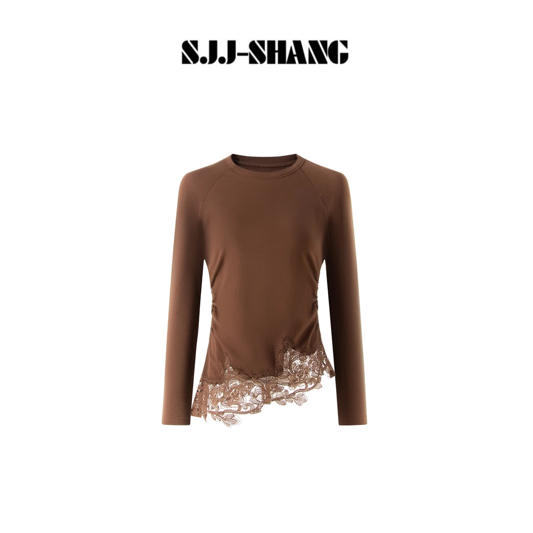 SJJ-SHANG【织花】抓绒天丝锁温斜摆不规则蕾丝针织T恤q135921p