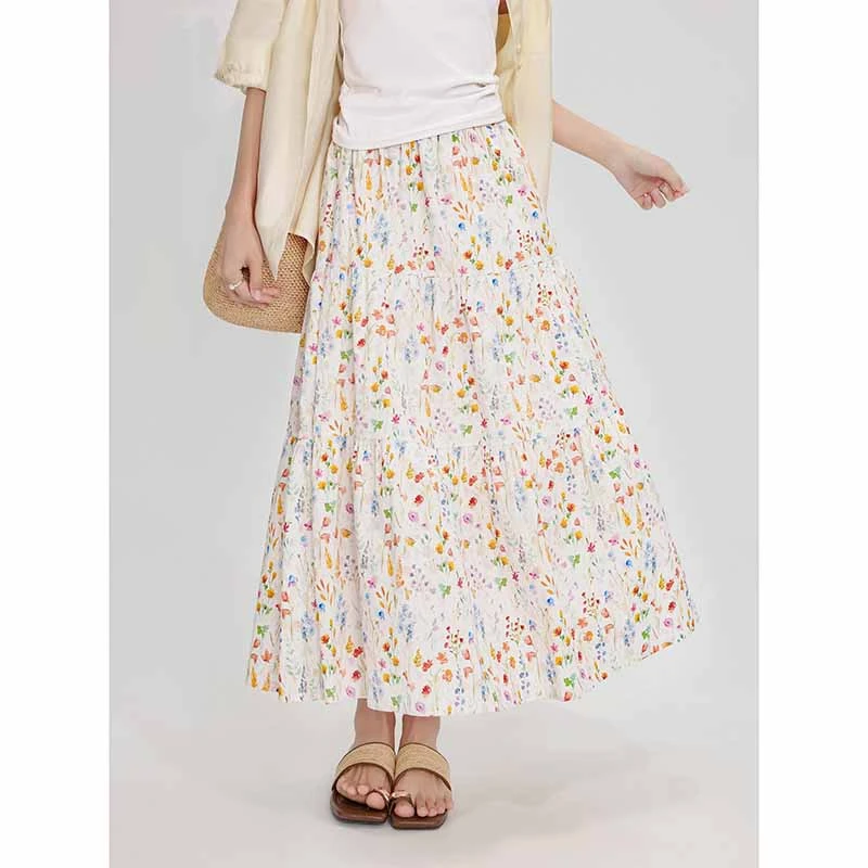 碎花a字蓬蓬半身裙女夏季新款大码高腰宽松显瘦垂感法式中长裙子