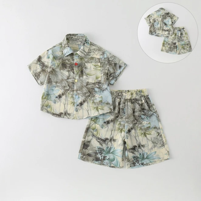 【套装】儿童套装夏季新款男童套装韩版荷花彩扣两件套AT947