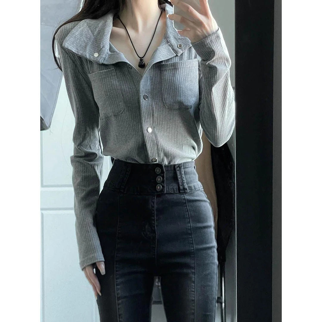 晨领【实价】【实拍】t恤女秋款短款显瘦辣妹polo衫白色长袖开衫