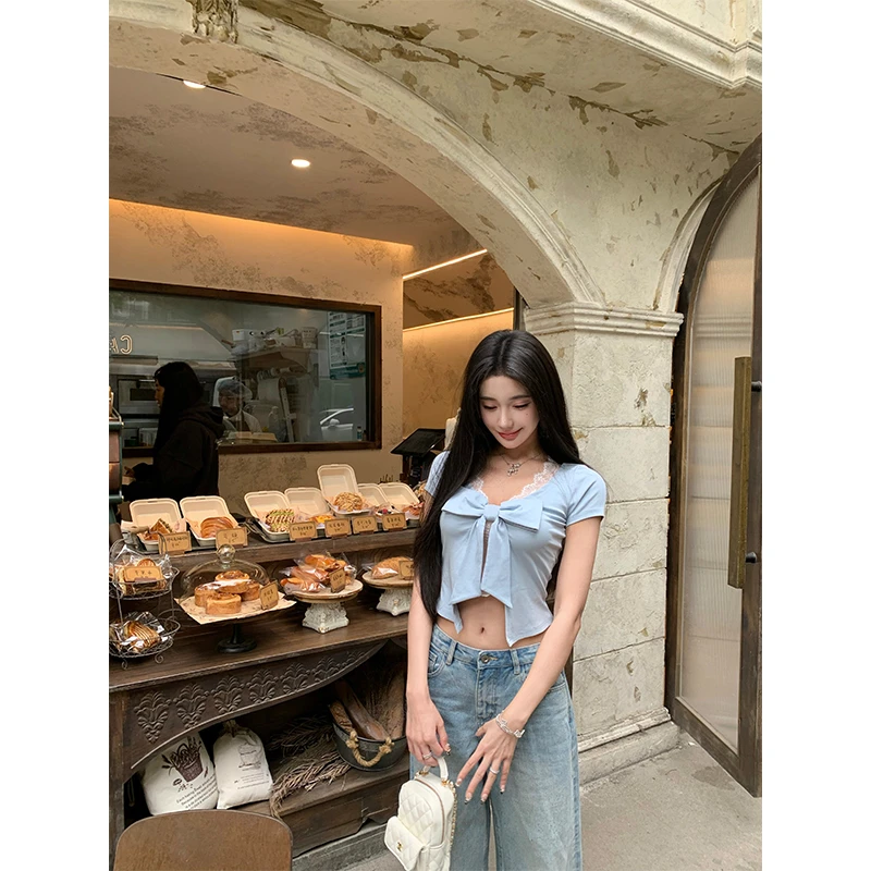 barb chill【夏日多巴胺 】花边蝴蝶结T恤露脐多巴胺上衣