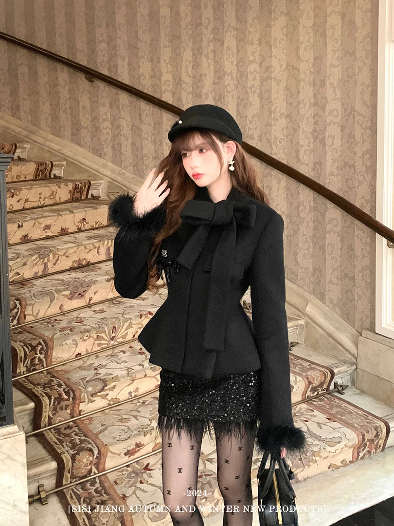 黑道千金 千金感钉钻亮片黑色毛呢外套+半裙鸵鸟羽毛名媛风套装