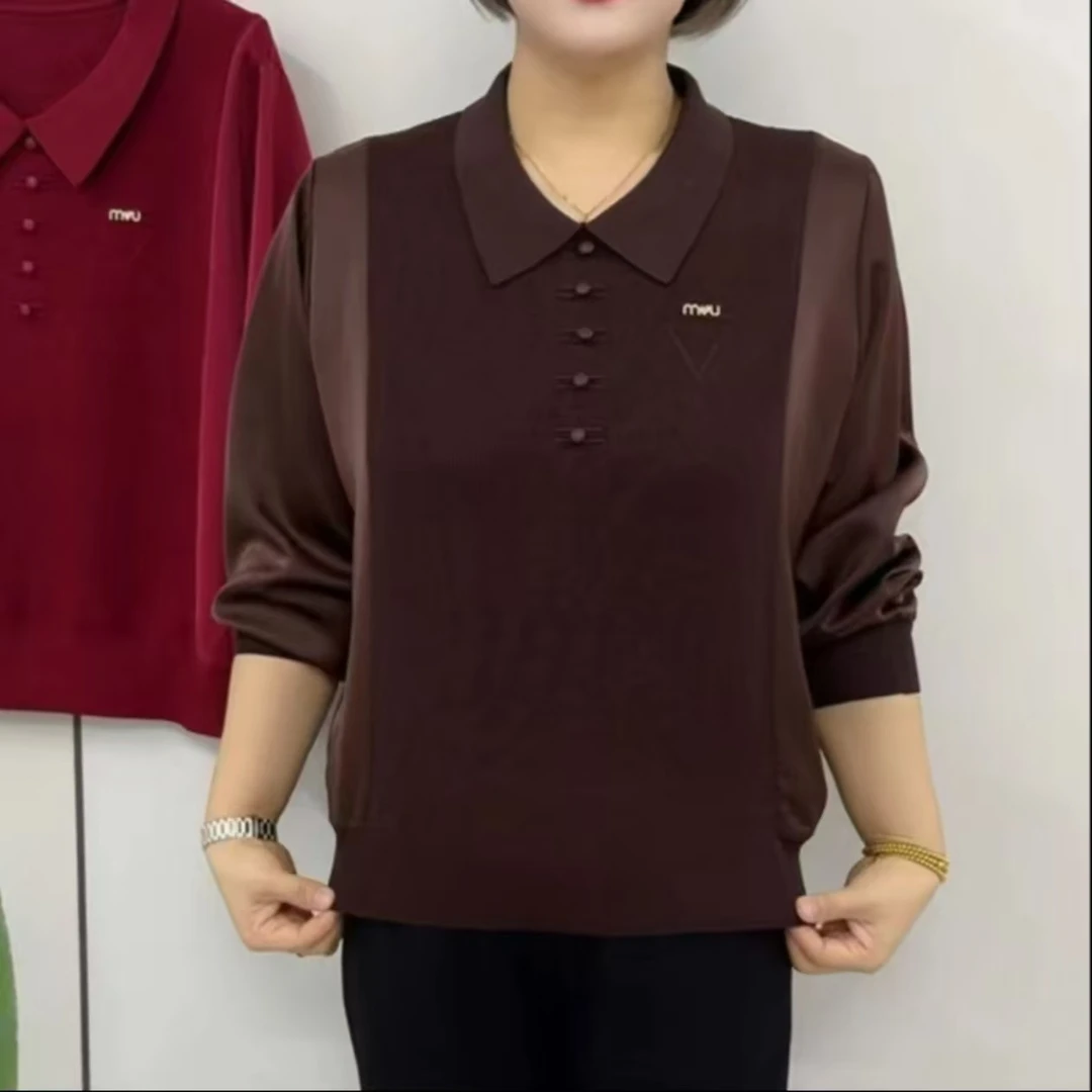 高档翻领宽松遮肉气质减龄妈妈装秋季新款拼接时尚洋气百搭针织衫