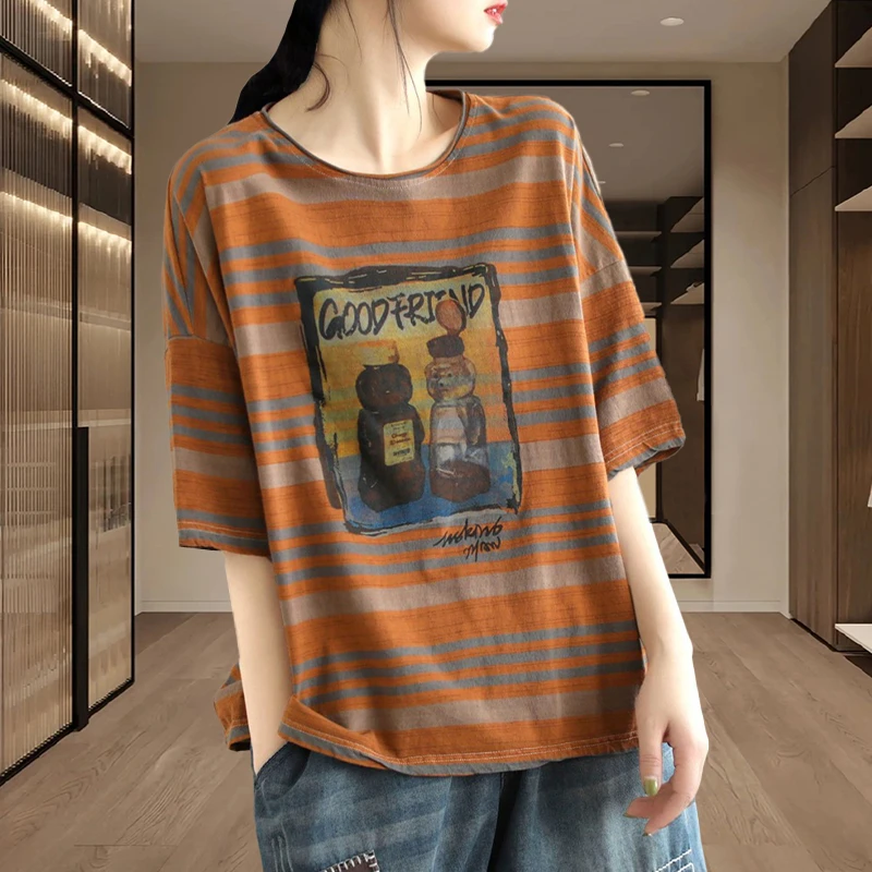 夏季条纹短袖t恤女2025新款圆领宽松胖mm大码显瘦上衣高级感宽松