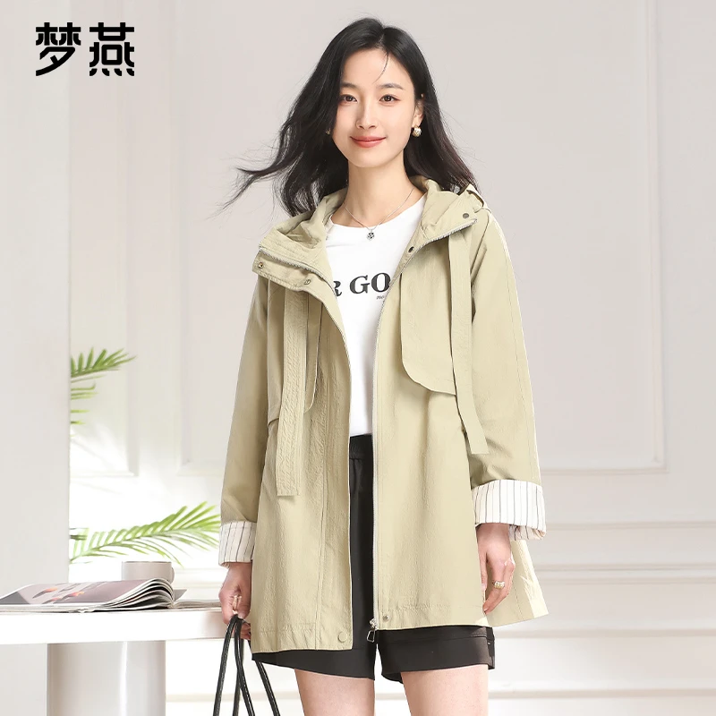 梦燕春秋季女时尚百搭宽松休闲通勤中长款长袖连帽风衣AA09B5012D