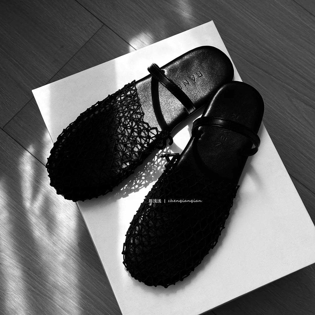 极简个性小众编织镂空法式春夏网格女鞋时尚网眼百搭网面包头拖鞋