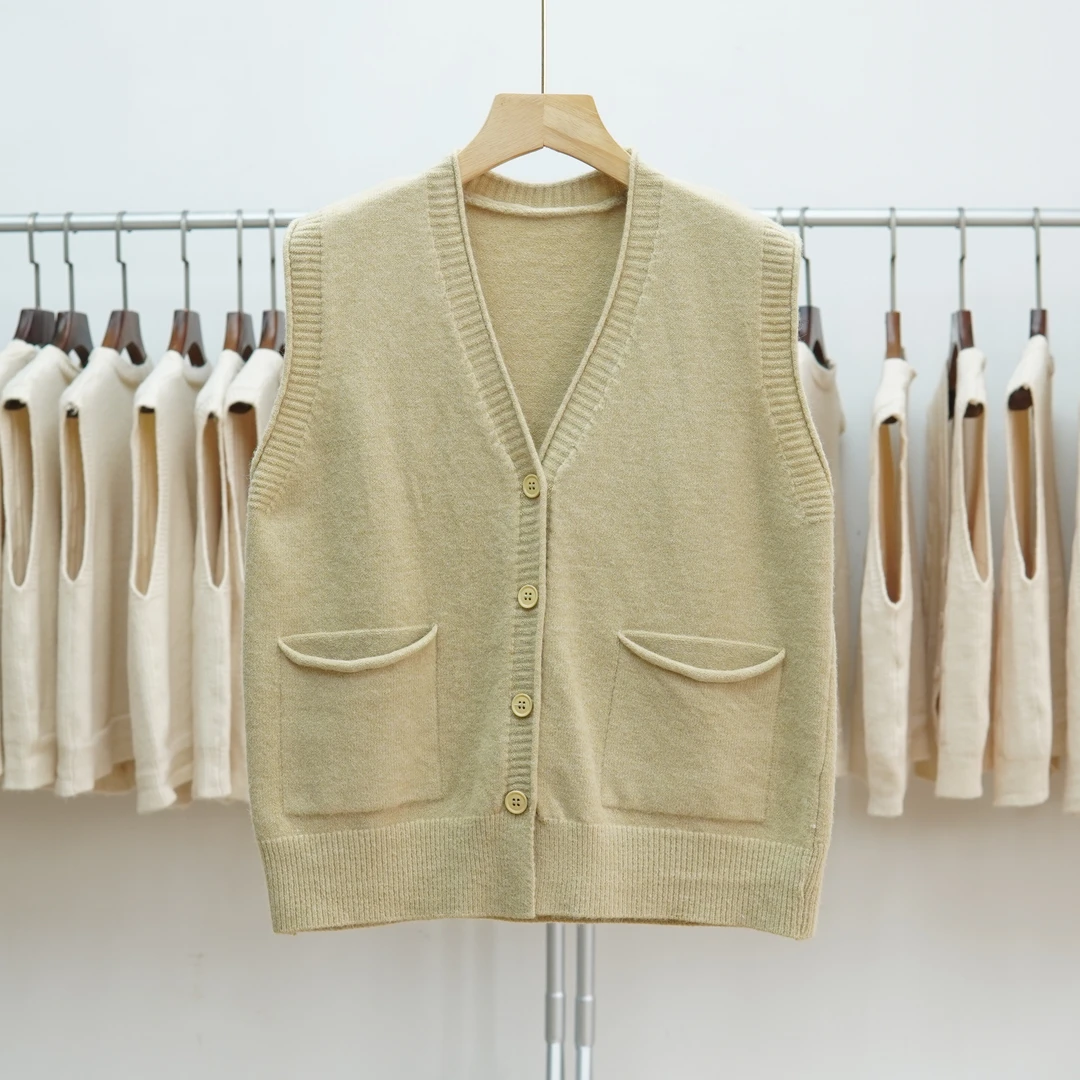 1002叠穿纯色针织马甲背心女士开衫2025新款口袋毛衣无袖马夹上衣