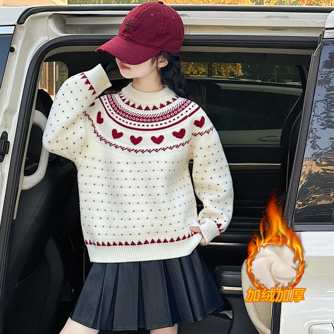 女童毛衣冬季新款儿童韩版休闲加绒针织衫冬韩版儿童加绒毛衣套装