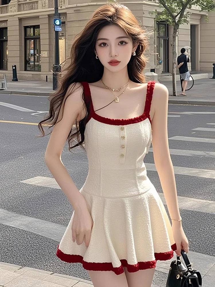 【KEKE】白色u领拼接连衣裙女夏季收腰气质千金名媛时尚性感短裙子