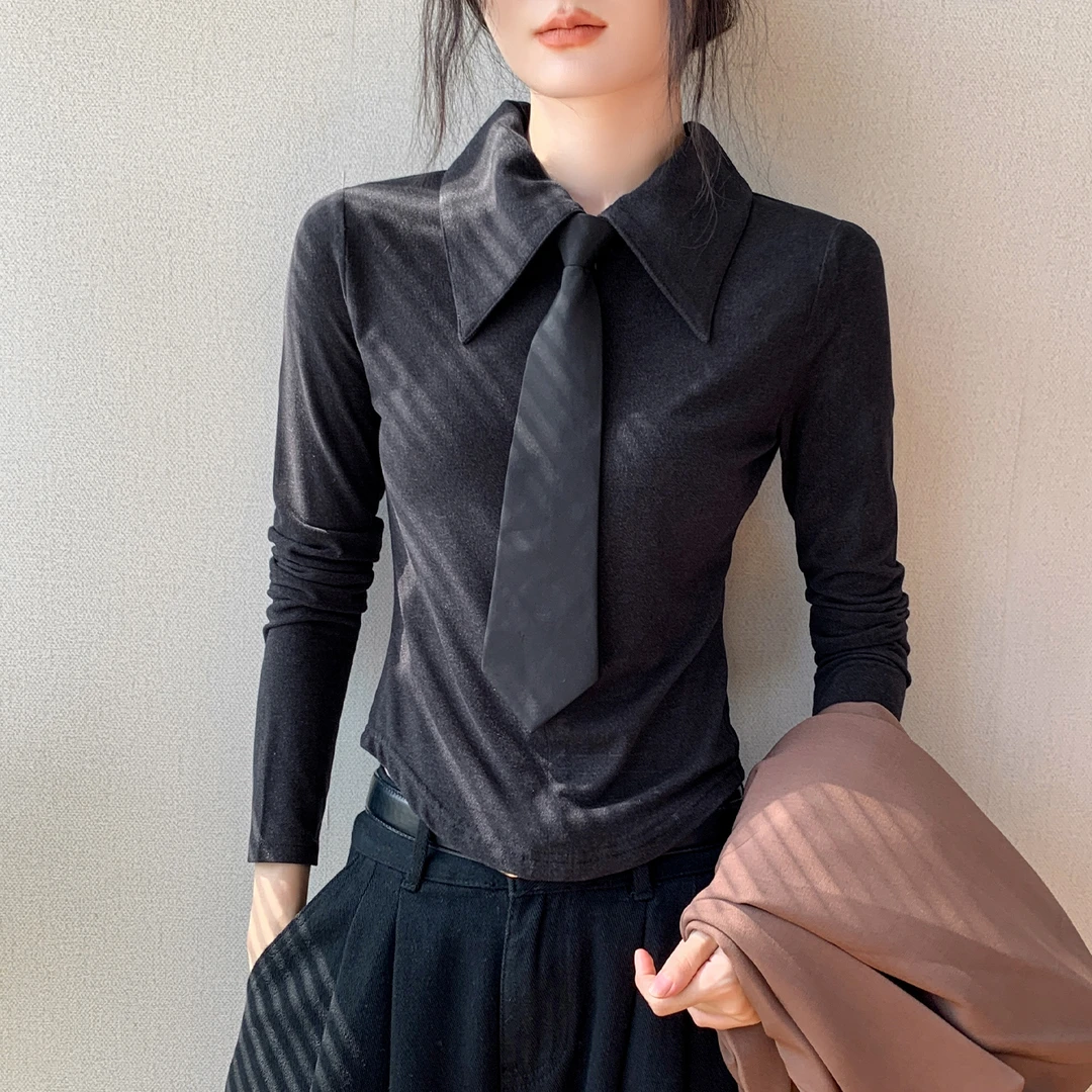 韩版德绒领带设计感Polo领长袖t恤女秋季新款修身别致打底衫上衣