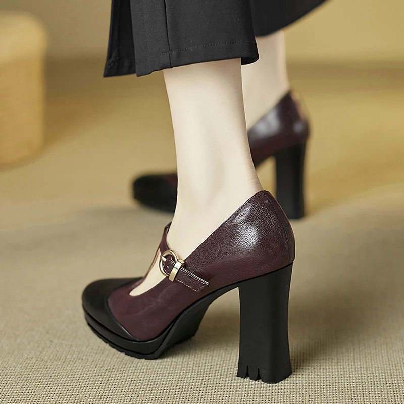 小个子增高9.5cm~拼色丁字扣玛丽珍鞋法式粗跟高跟鞋防水台单鞋女