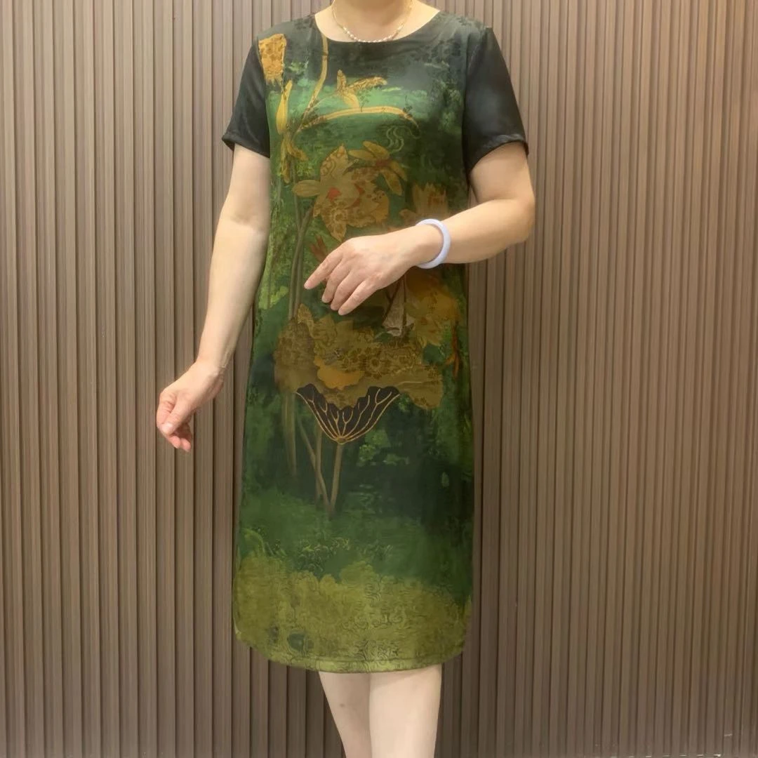 夏季时尚洋气宽松园领显瘦国风定位提花印花中长款妈妈装连衣裙