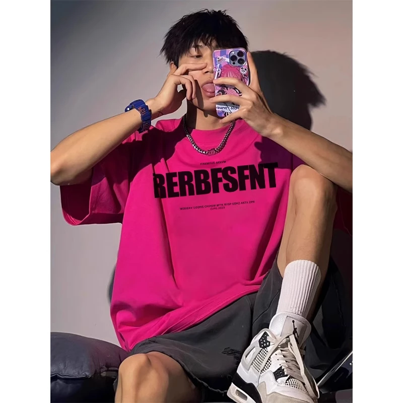 特大码300斤夏季美式玫红色t恤重磅纯棉百搭男生宽松休闲短袖上衣