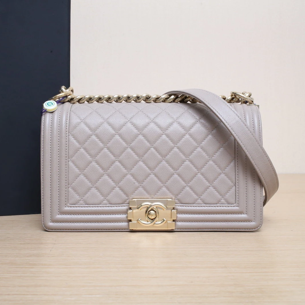 95新 Chanel/香奈儿 花花Leboy 中号 25cm 灰色 荔枝皮革C 23开