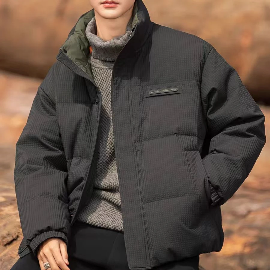 8605#【纹理玉米格立领外套】冬季新款时尚休闲加厚潮流美式上衣