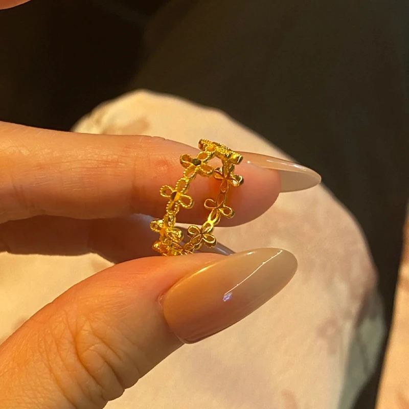 足金999戒指四叶草黄金女戒固口指环精致百搭素圈戒指送女友礼物