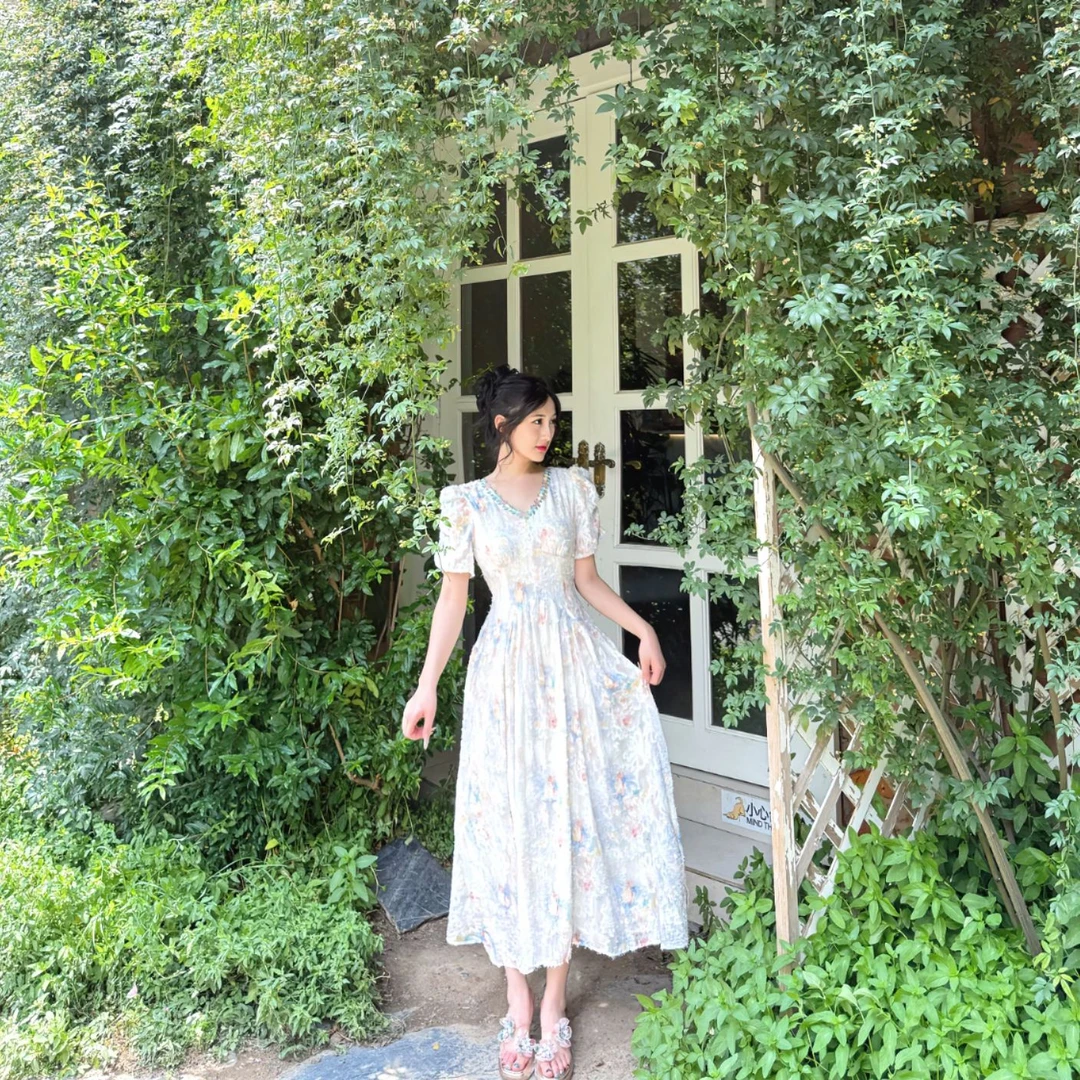 夏季长裙收腰显瘦新款高级夏季短袖法式气质绑带仙女公主连衣裙