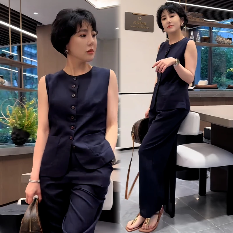 时尚小众高级感套装女2025夏季新款通勤百搭无袖上衣阔腿裤两件套