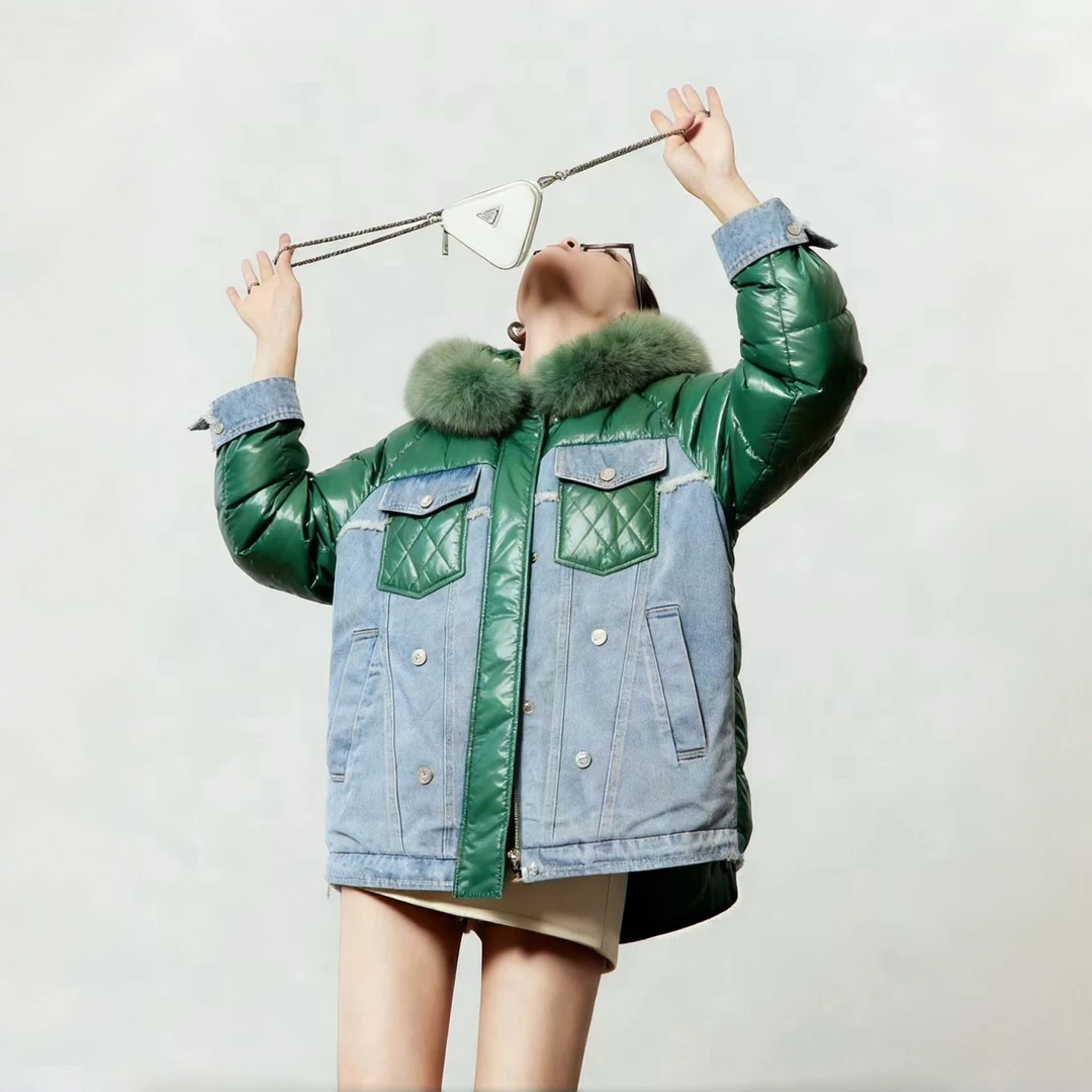 2890狐狸毛大毛领牛仔拼接欧版鹅绒服连帽羽绒服秋冬时尚保暖冬季