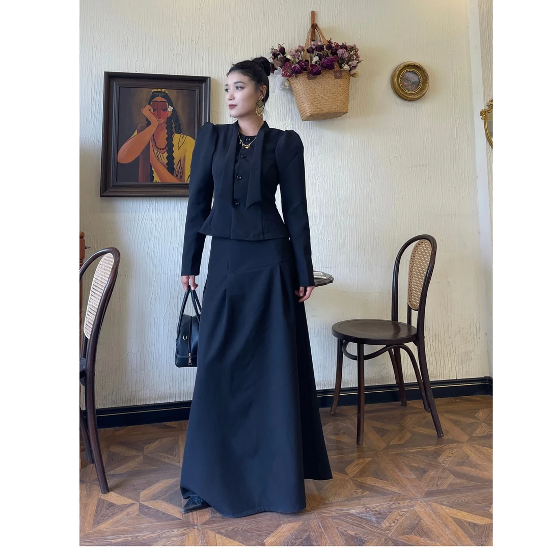 时尚套装长袖裙子显瘦秋冬法式假两件拼接设计师女装