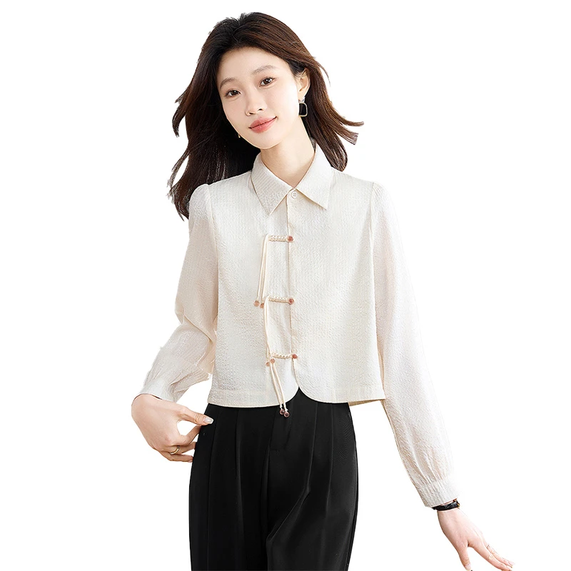 【欧若风】丝柏舍2025春新款女国风翻领单排扣短款衬衫S51B0907C
