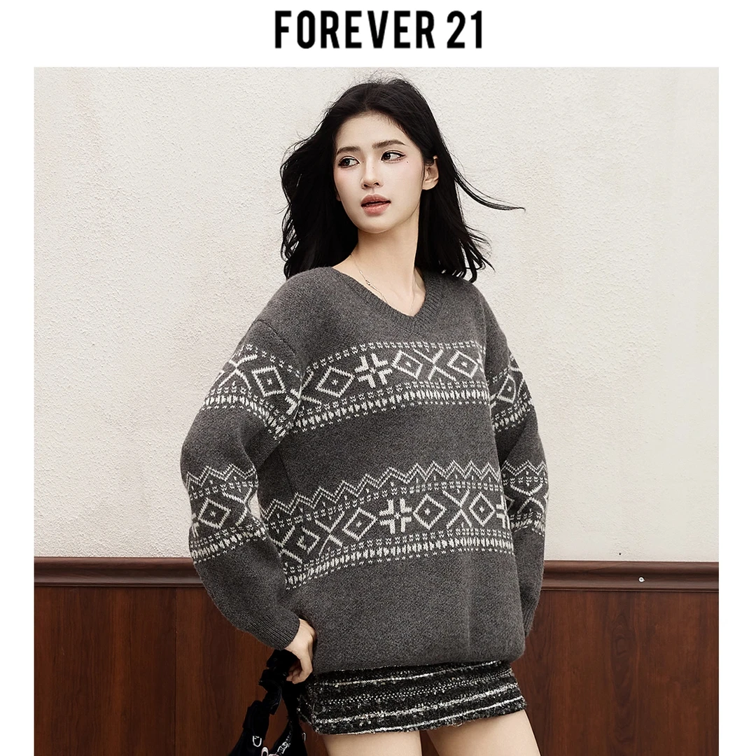 Forever 21秋冬季新款2025百搭毛衣女宽松显瘦圆领套头上衣针织衫