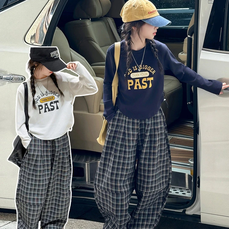 女童秋季套装2025新款儿童短款长袖T恤大童女孩格子裤两件套秋装