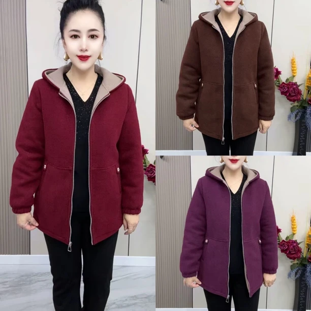 中老年妈妈冬季短款连帽加绒加厚保暖宽松时尚减龄女装外套百搭