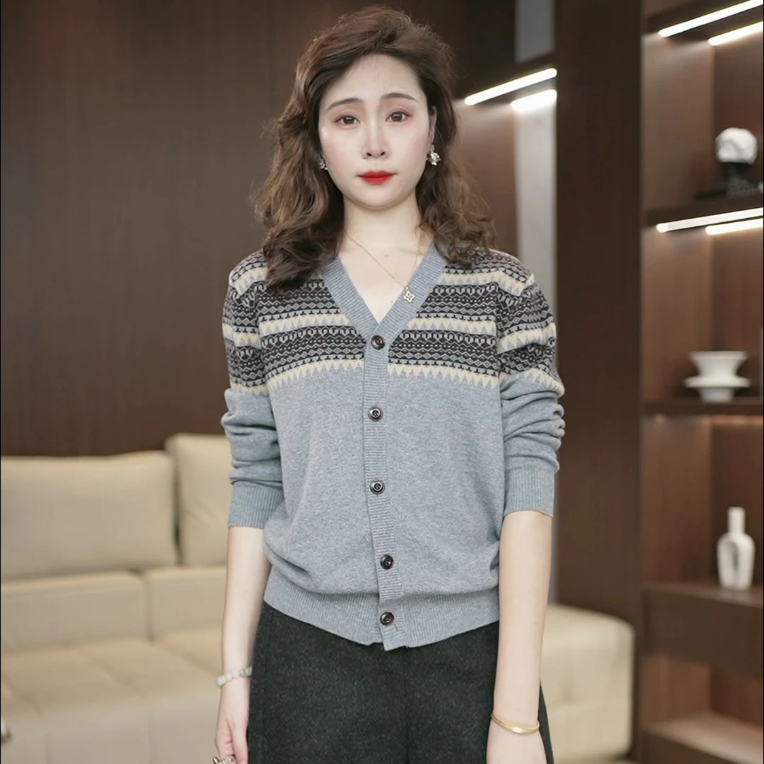 设计师款费尔岛名族提花羊毛针织开衫短款毛衣上衣3721