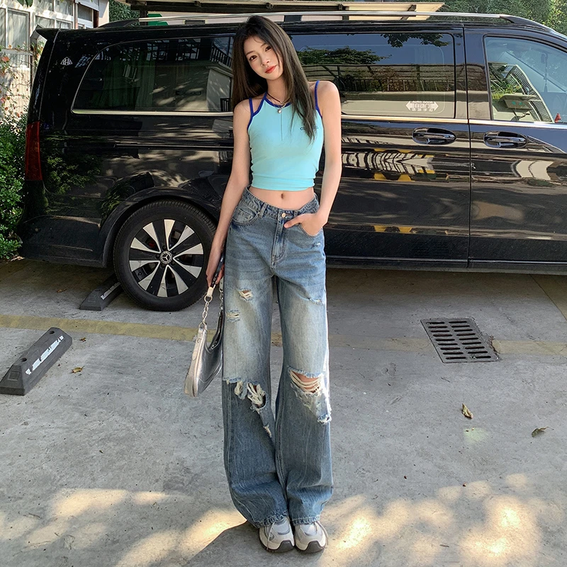 冬季小众彩绘磨破复古丹宁浅蓝百搭辣妹女款宽松阔腿裤牛仔裤破洞