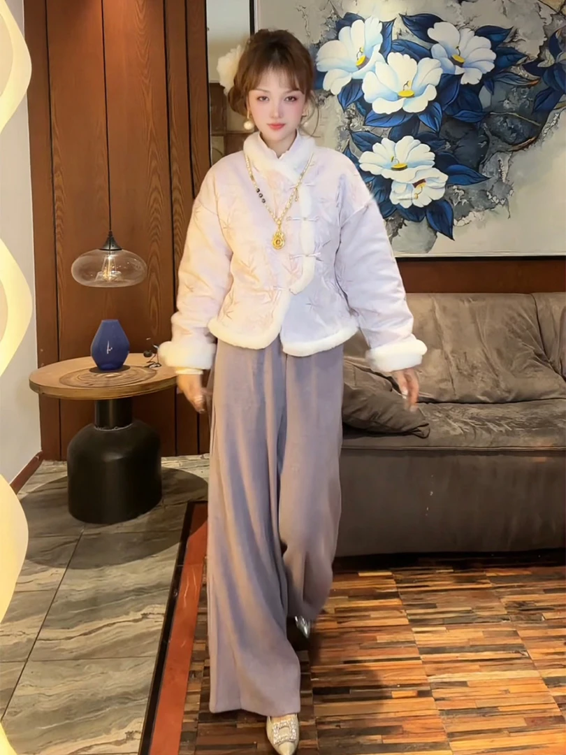 新中式国风套装女2025年冬季复古盘扣加绒加厚日常穿搭一整套