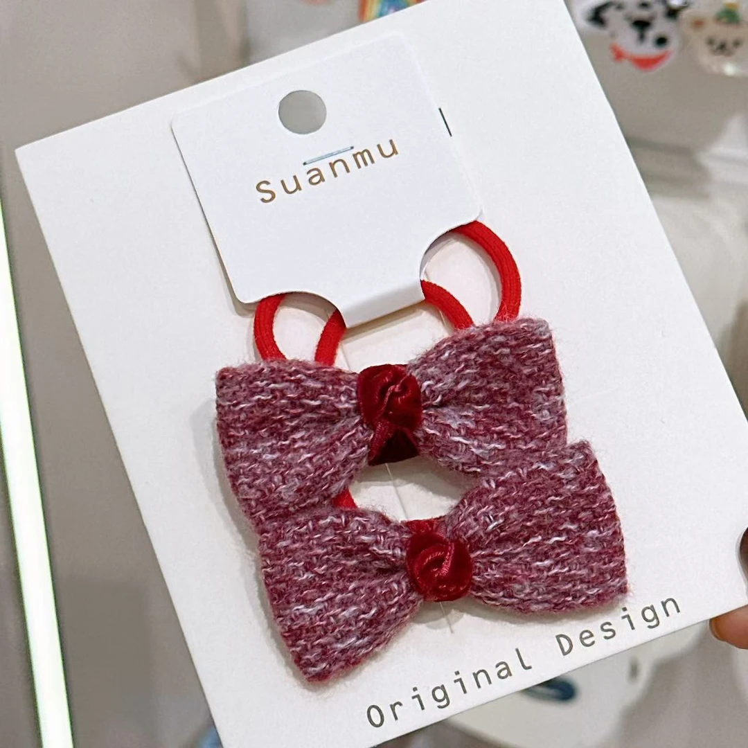 A-6272  mm 1对酒红色针织蝴蝶结新年基础百搭双马尾头绳   发圈