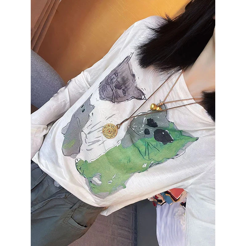 个性涂鸦印花长袖罩衫T恤女夏季2025新款小众设计感打底防晒上衣