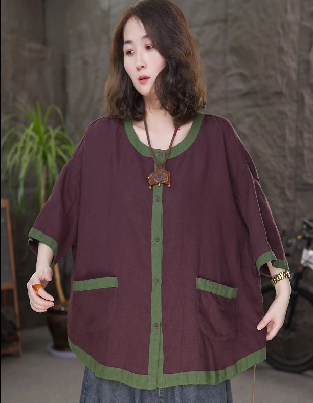 夏季新品亚麻炒色撞色开衫文艺休闲女士上衣
