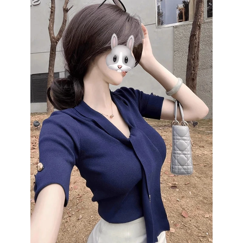 韩系飘带修身短袖针织T恤女装夏季收腰气质御姐轻熟风v领蓝色上衣
