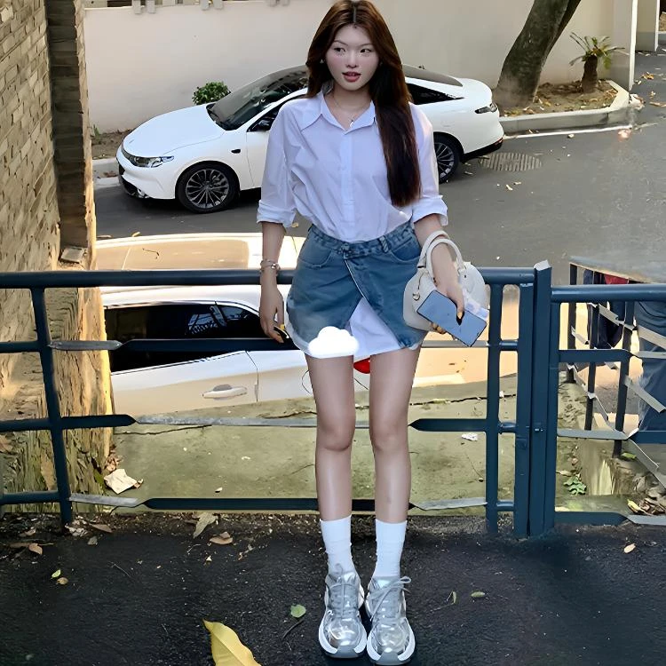 甜美学院少女风时尚套装女2025秋新款百搭上衣衬衫牛仔短裙两件套