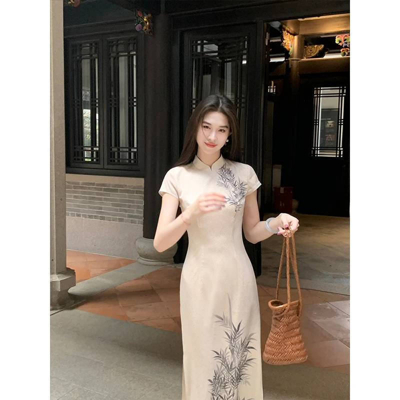 凌茜【青瓷韵】新中式温婉知性修身收腰显瘦长裙白色大气旗袍连衣裙