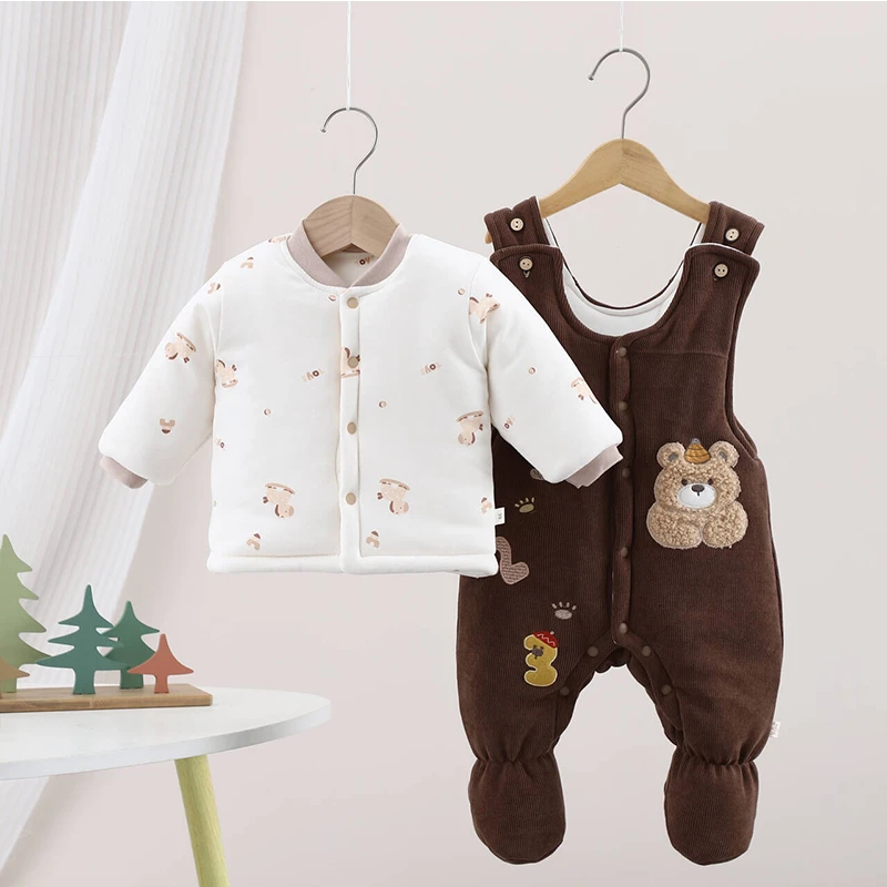 400克机洗棉花包脚连脚背带裤两件套装冬季加厚一件过冬上衣裤子