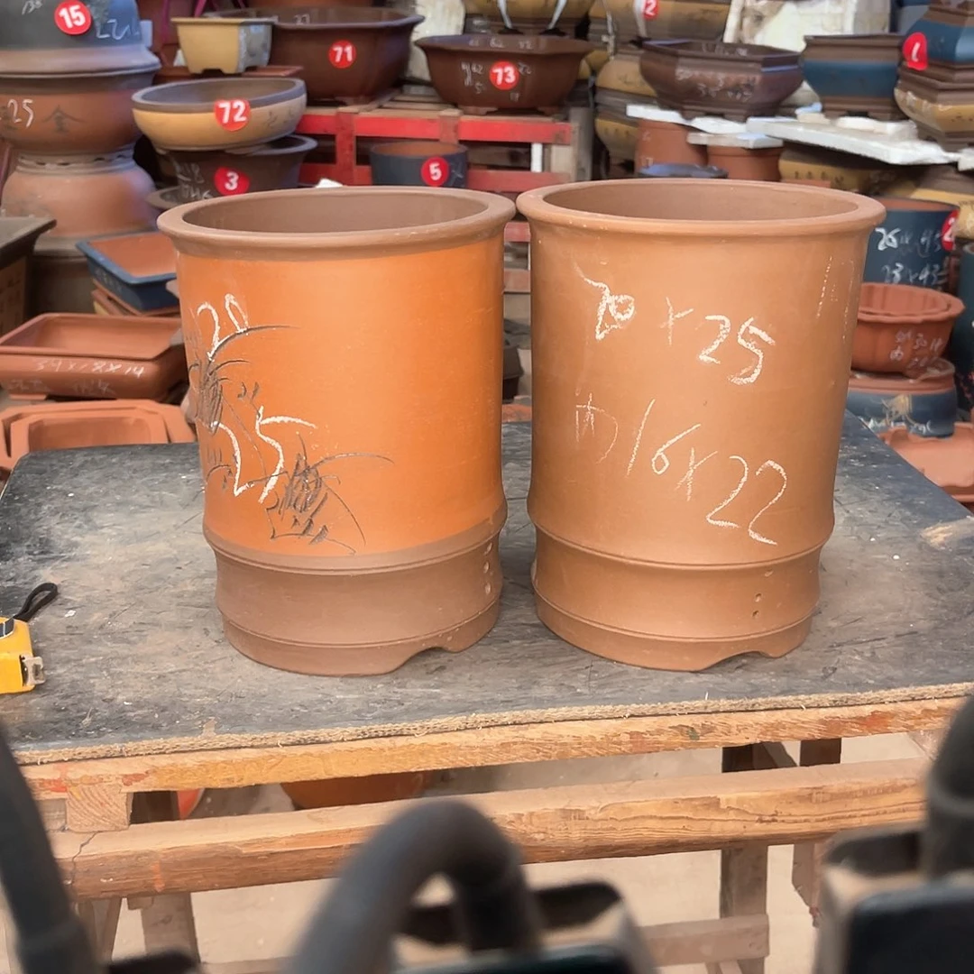 紫砂花盆竹节盆两个