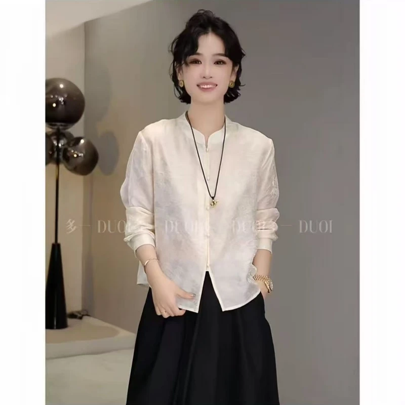 多一“鎏金”2025早秋复古新中式小立领单排扣暗纹提花气质百搭上衣